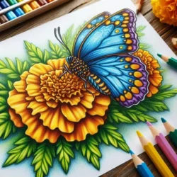 Coloring page of a vibrant blue butterfly on a yellow marigold flower, surrounded by colored pencils.