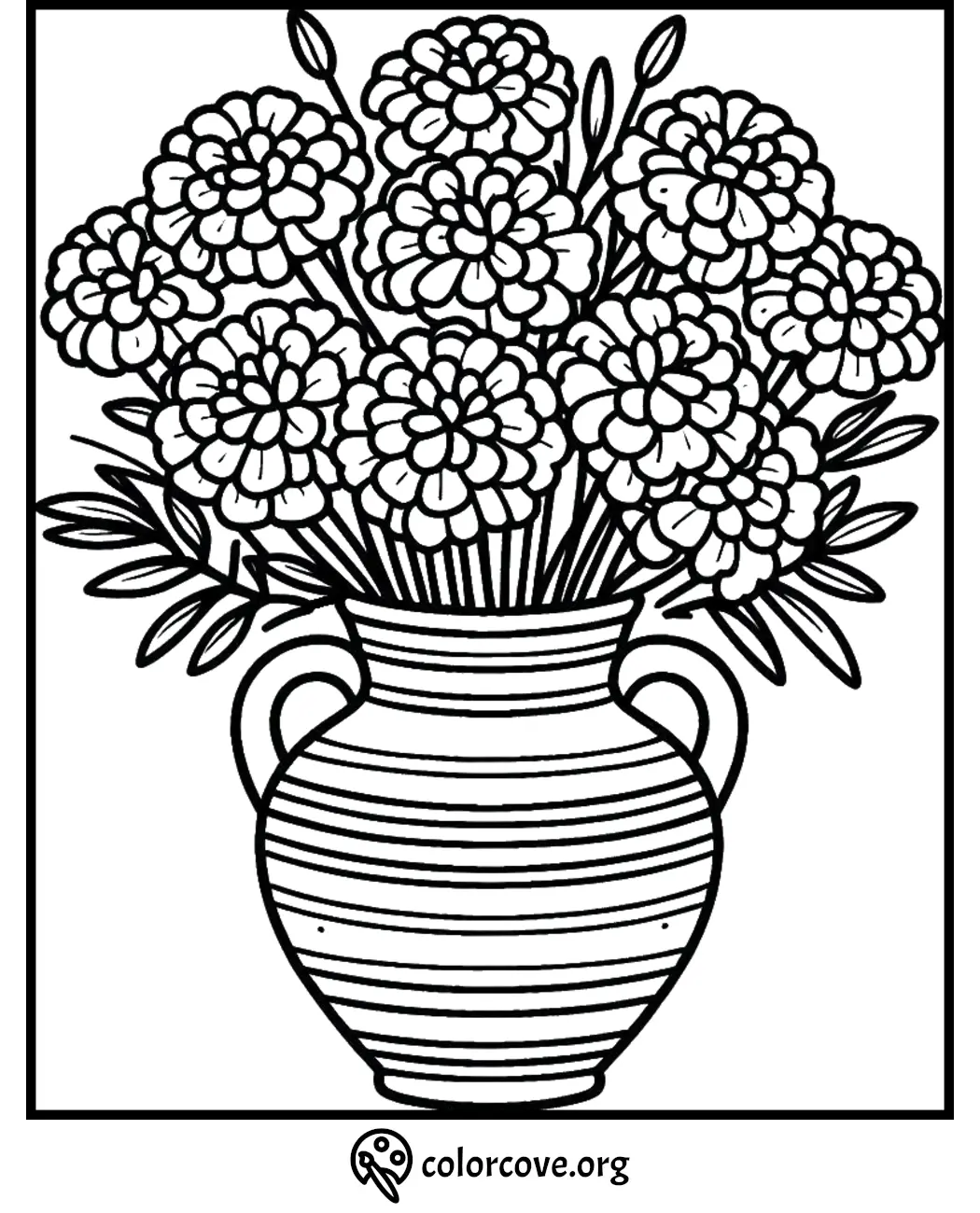 Floral coloring page featuring a vase filled with blooming marigolds, designed for stress relief and creativity.