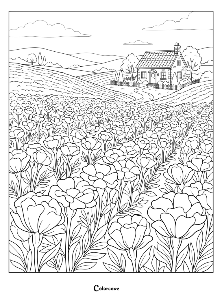 Printable marigold coloring page featuring a vast flower field and country cottage.