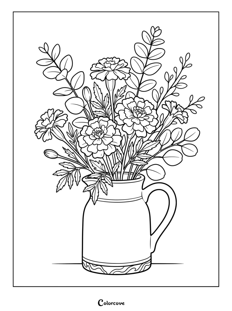 Marigold coloring page featuring a bouquet of flowers arranged in a ceramic pitcher.