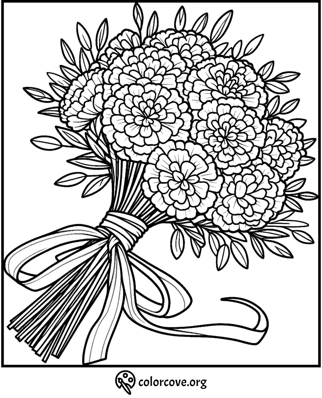 Floral bouquet coloring page with intricate flower and ribbon design for artistic coloring.