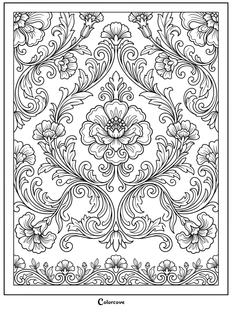 Detailed marigold floral damask coloring page featuring intricate swirls and leaves.