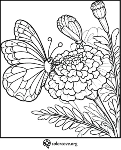 Butterfly on flower coloring page for kids and adults, intricate floral design with butterfly outlines.
