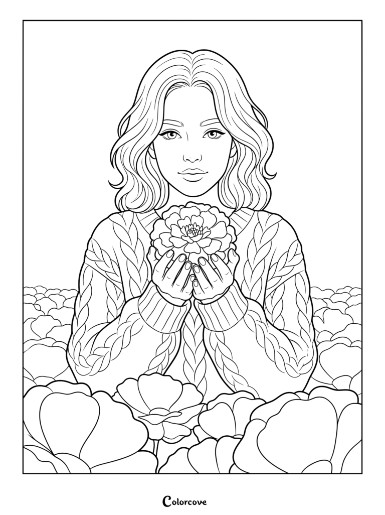Woman in a cable-knit sweater holding a blooming marigold coloring page amidst a flower field.