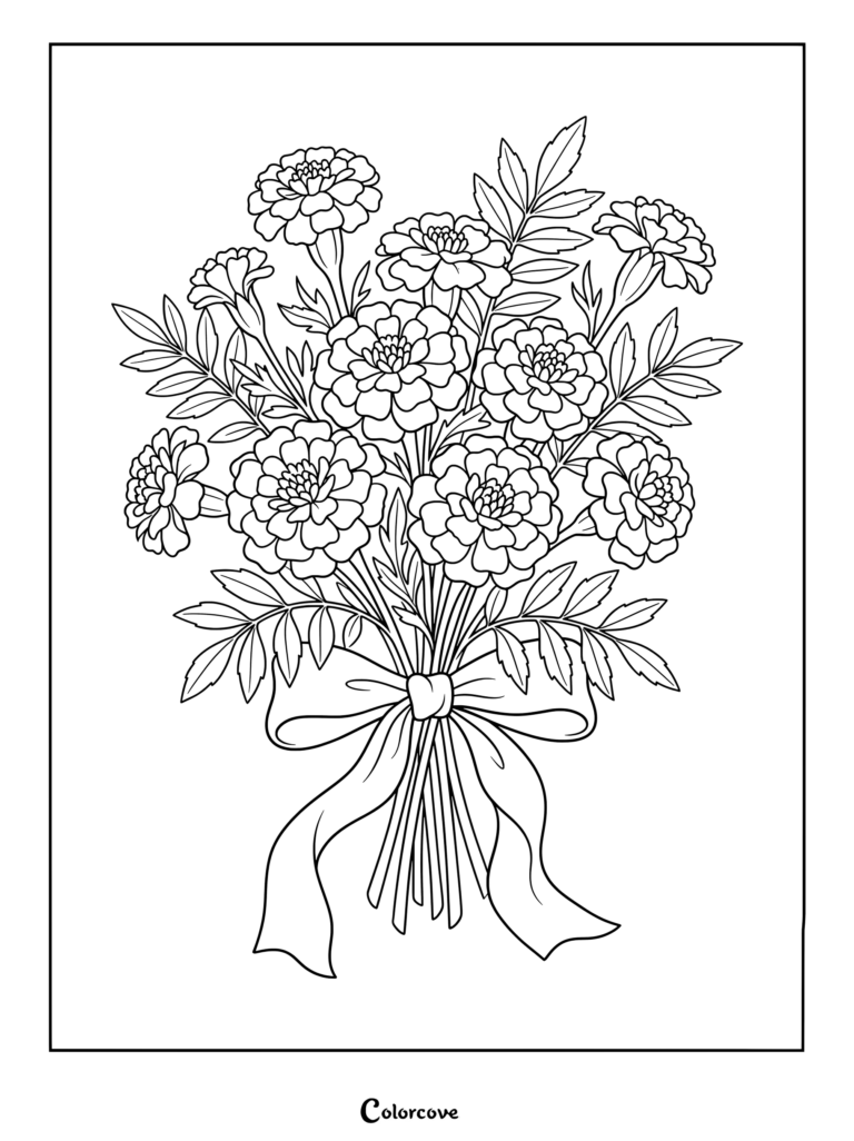 Marigold coloring page featuring a detailed bouquet tied with a bow.