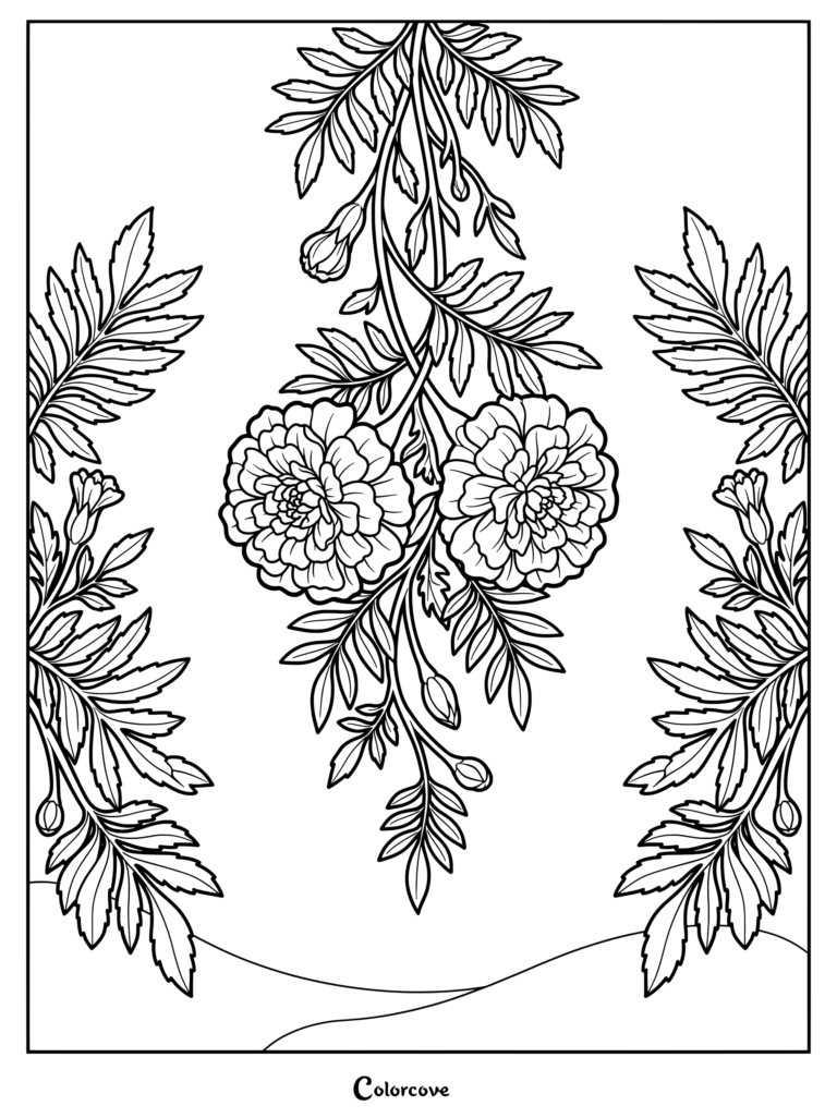 Detailed coloring page featuring hanging marigold blossoms and intricate leafy stems.