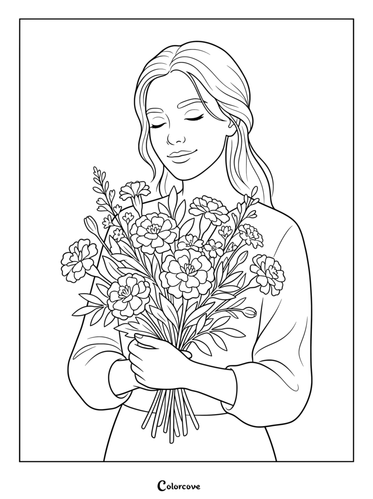 A printable coloring page featuring a smiling woman holding a large bouquet of marigold flowers.