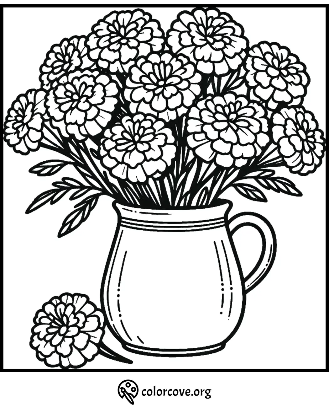 Coloring page of a bouquet of flowers in a vase, ready for creativity and art therapy.