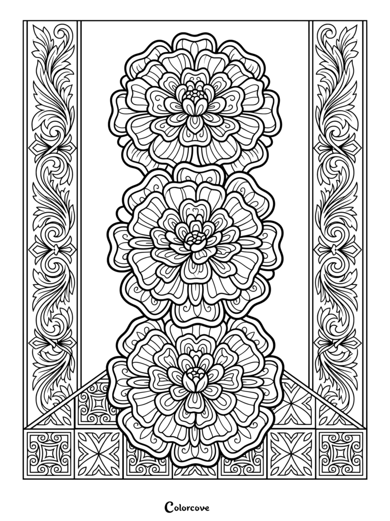 A vertical marigold coloring page featuring three detailed flower blooms flanked by ornate scrollwork borders.