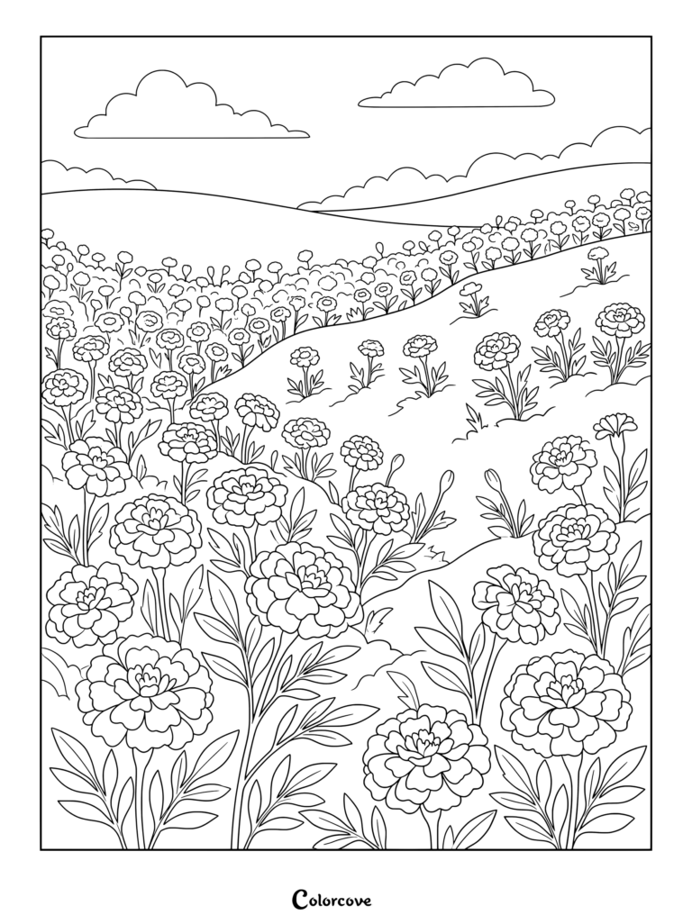 Marigold field coloring page featuring rolling hills and cloudy skies.
