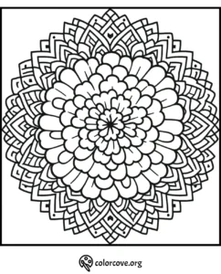 Intricate mandala coloring page featuring a detailed floral design for relaxation and creativity.