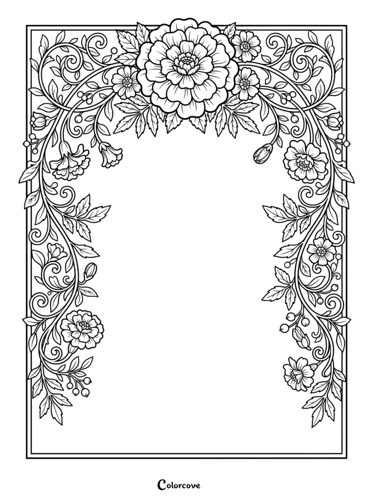 Decorative marigold coloring page featuring an intricate floral border with winding vines and leaves.