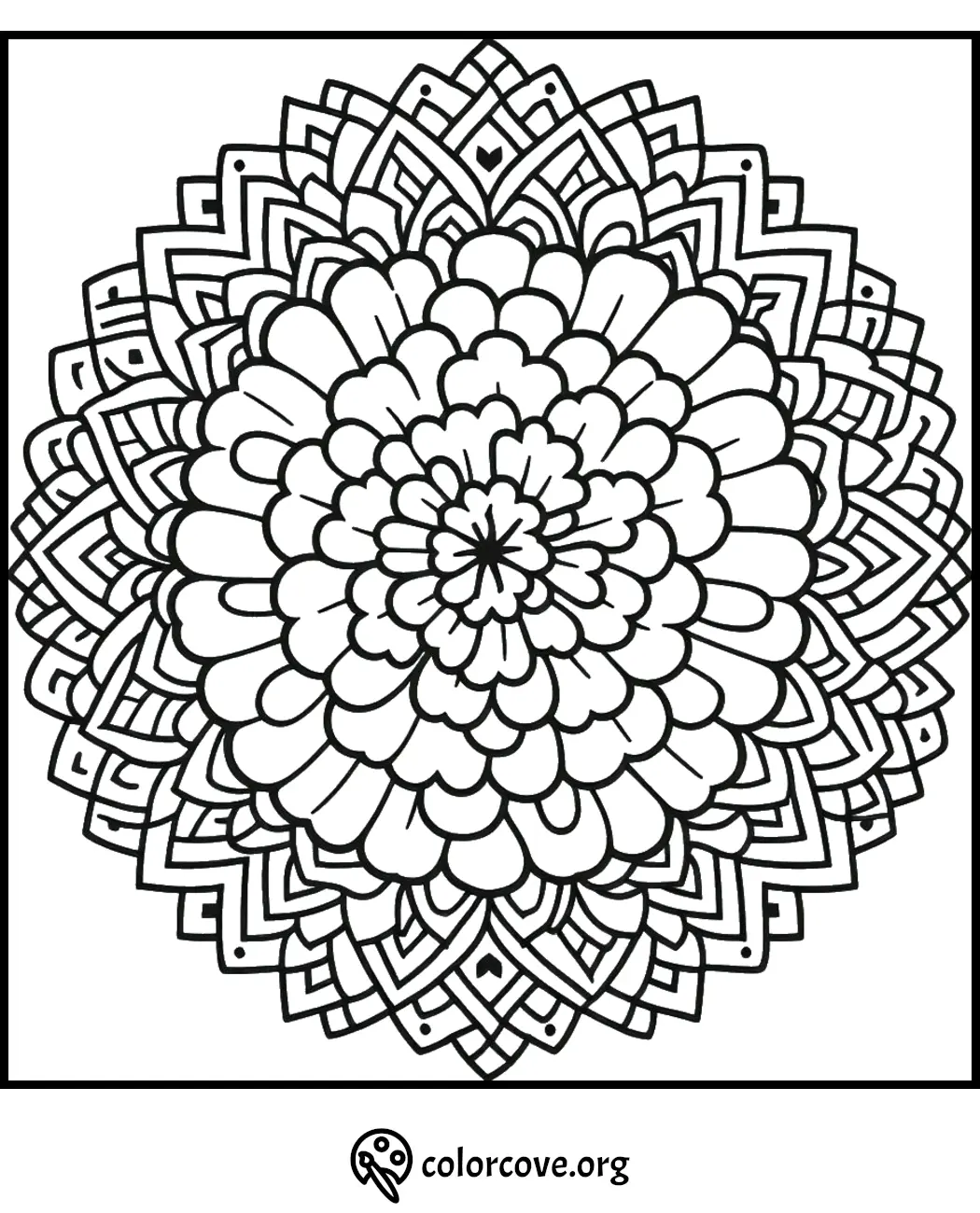 Intricate mandala coloring page featuring a detailed floral design for relaxation and creativity.