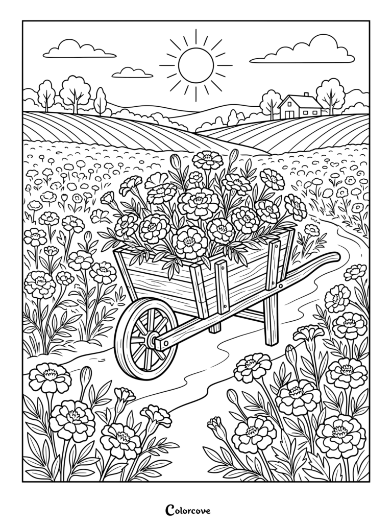 A wooden wheelbarrow overflowing with marigold flowers in a sunny farm field coloring page.