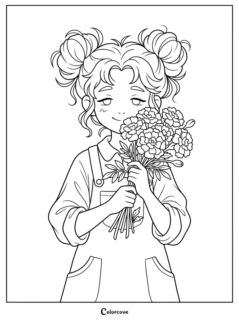 A printable marigold coloring page featuring a girl with double buns holding a fresh bouquet of flowers.