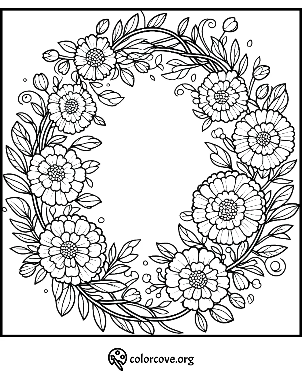 Floral wreath coloring page with intricate flowers and leaves, perfect for a relaxing and creative coloring activity.