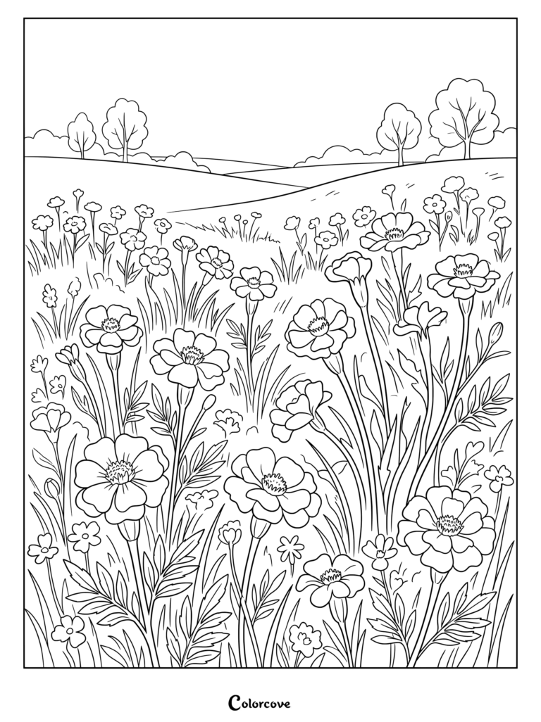 A printable coloring page featuring a field of marigold flowers under rolling hills.