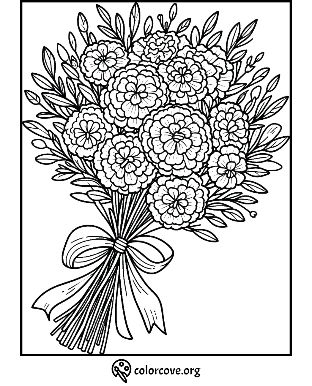 Bouquet of flowers coloring page with intricate details and ribbon, perfect for relaxation and creative fun.