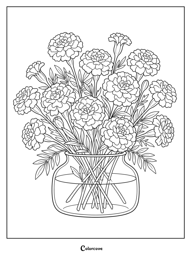 Detailed marigold flowers arranged in a glass vase coloring page.