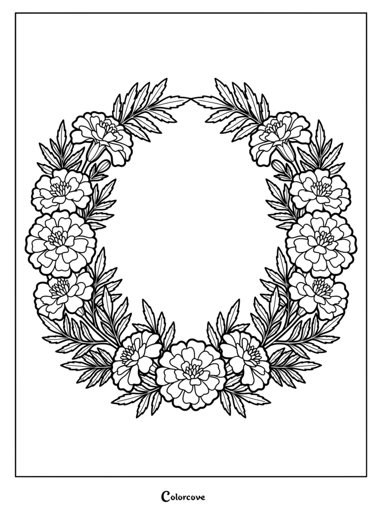 Detailed marigold flower wreath coloring page featuring intricate petals and leaves.