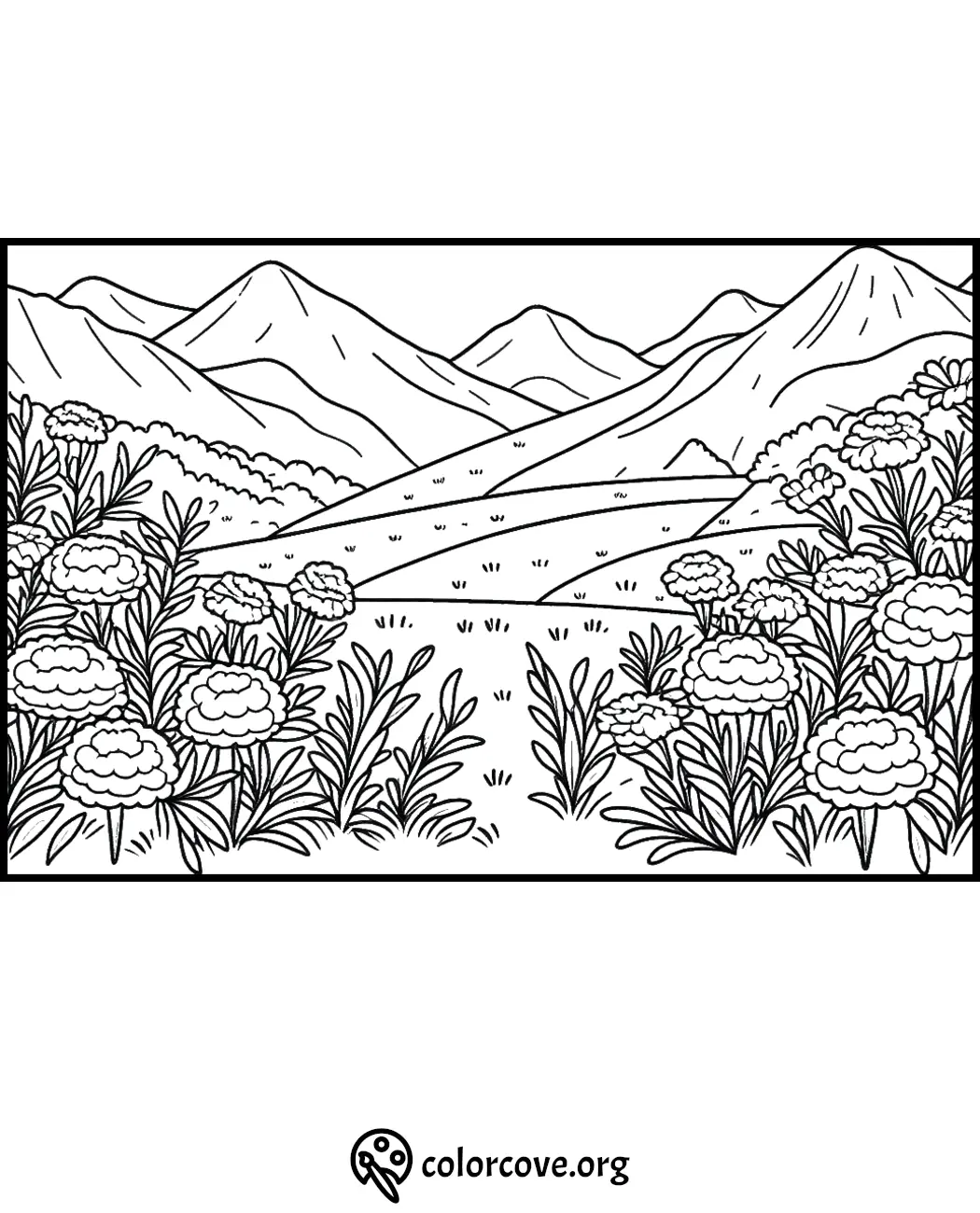 Coloring page with a scenic landscape of mountains and flowers. Ideal for relaxing creative activities.