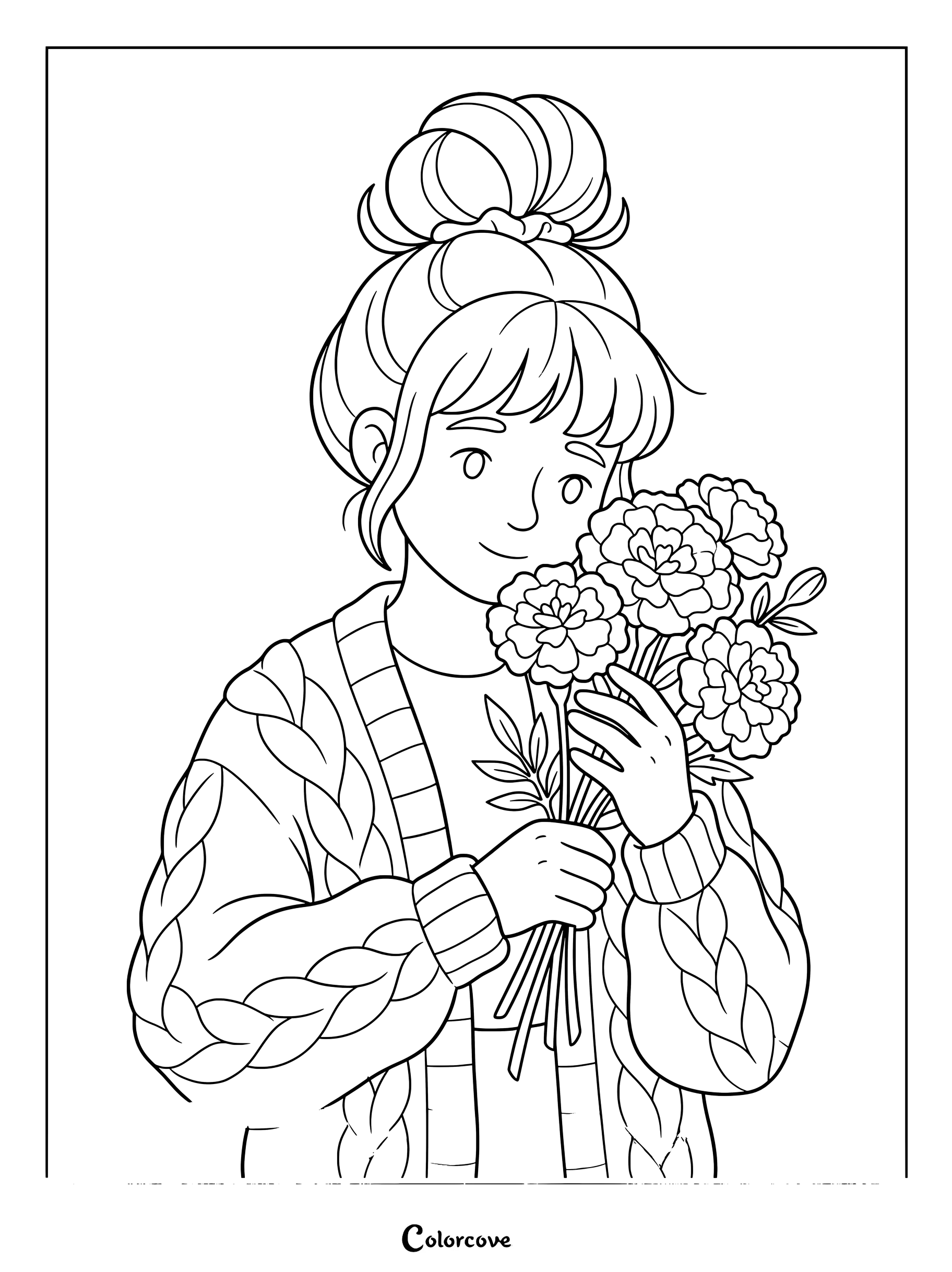 Fille tenant un bouquet de fleurs de souci dans un coloriage.