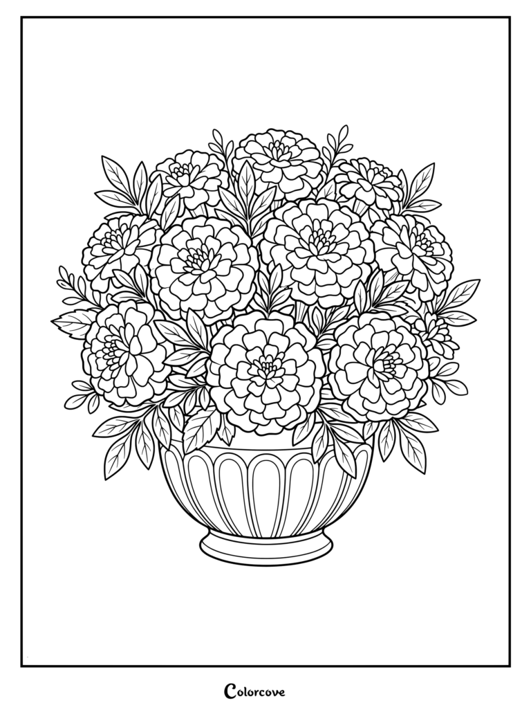A printable marigold coloring page featuring a lush arrangement of flowers in a decorative urn.
