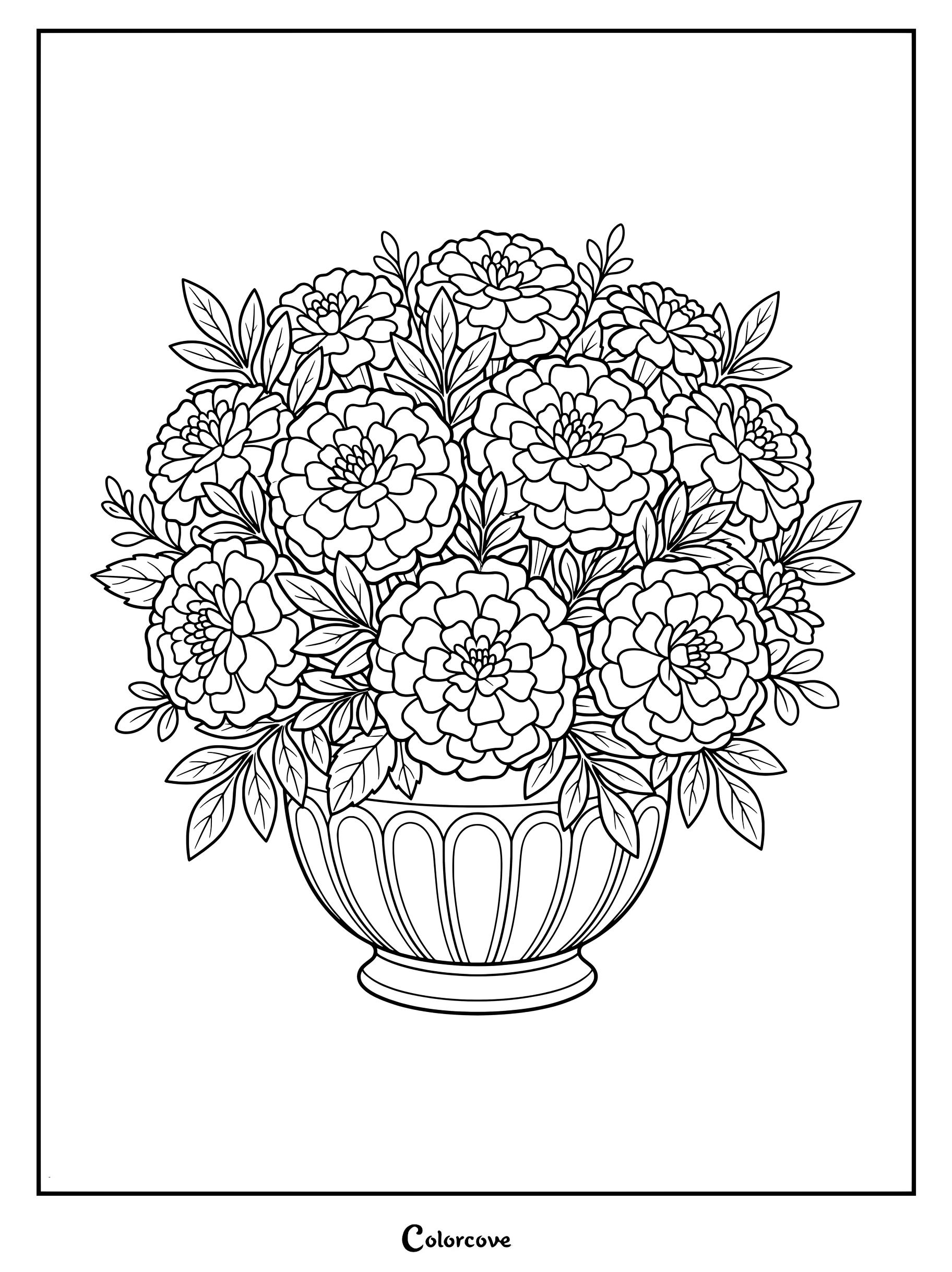 Un coloriage imprimable de souci présentant un bouquet luxuriant disposé dans une urne décorative.