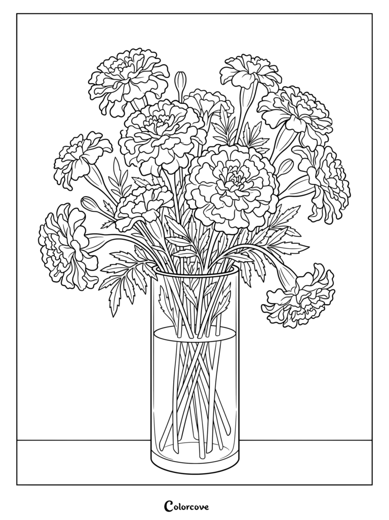 Marigold bouquet in a tall glass vase coloring page