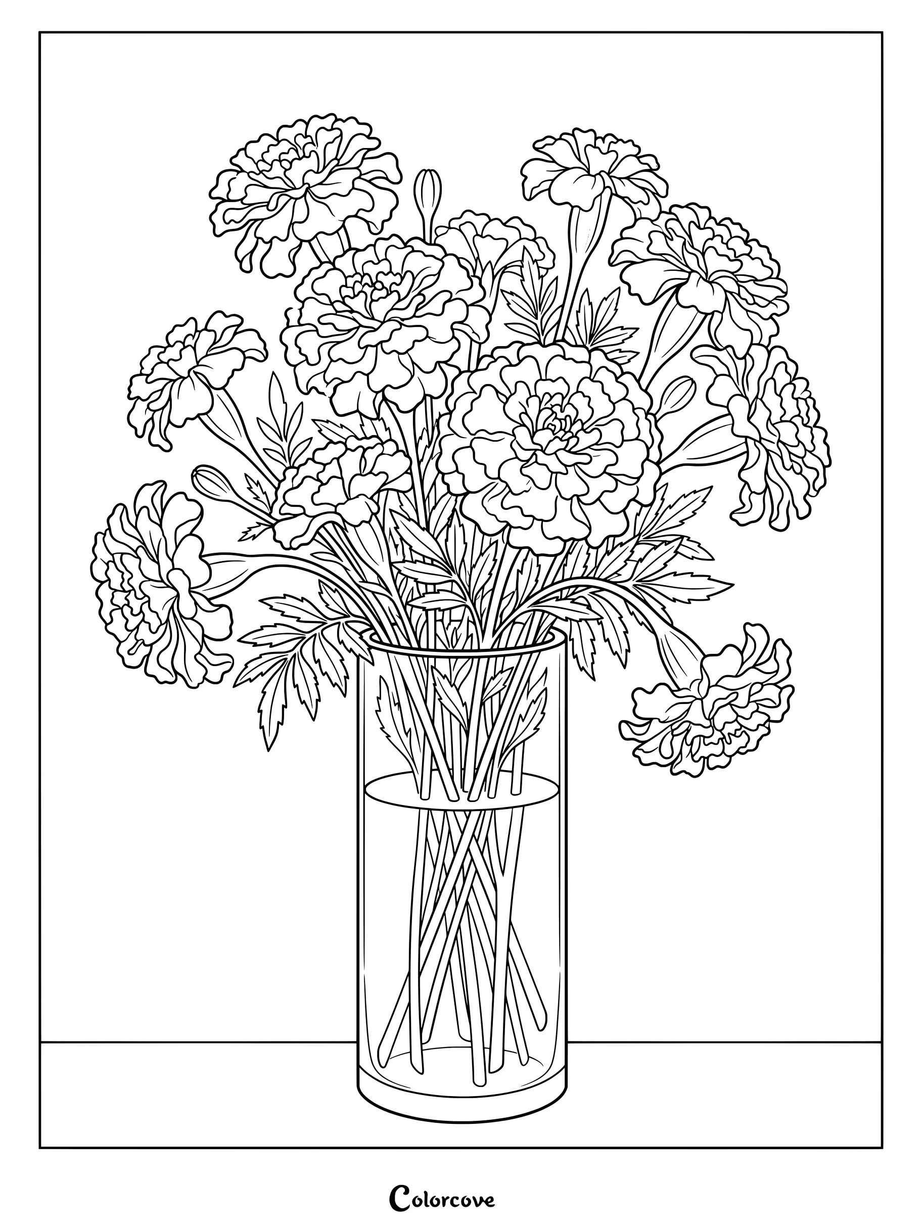 Coloriage d'un bouquet de souci dans un grand vase en verre