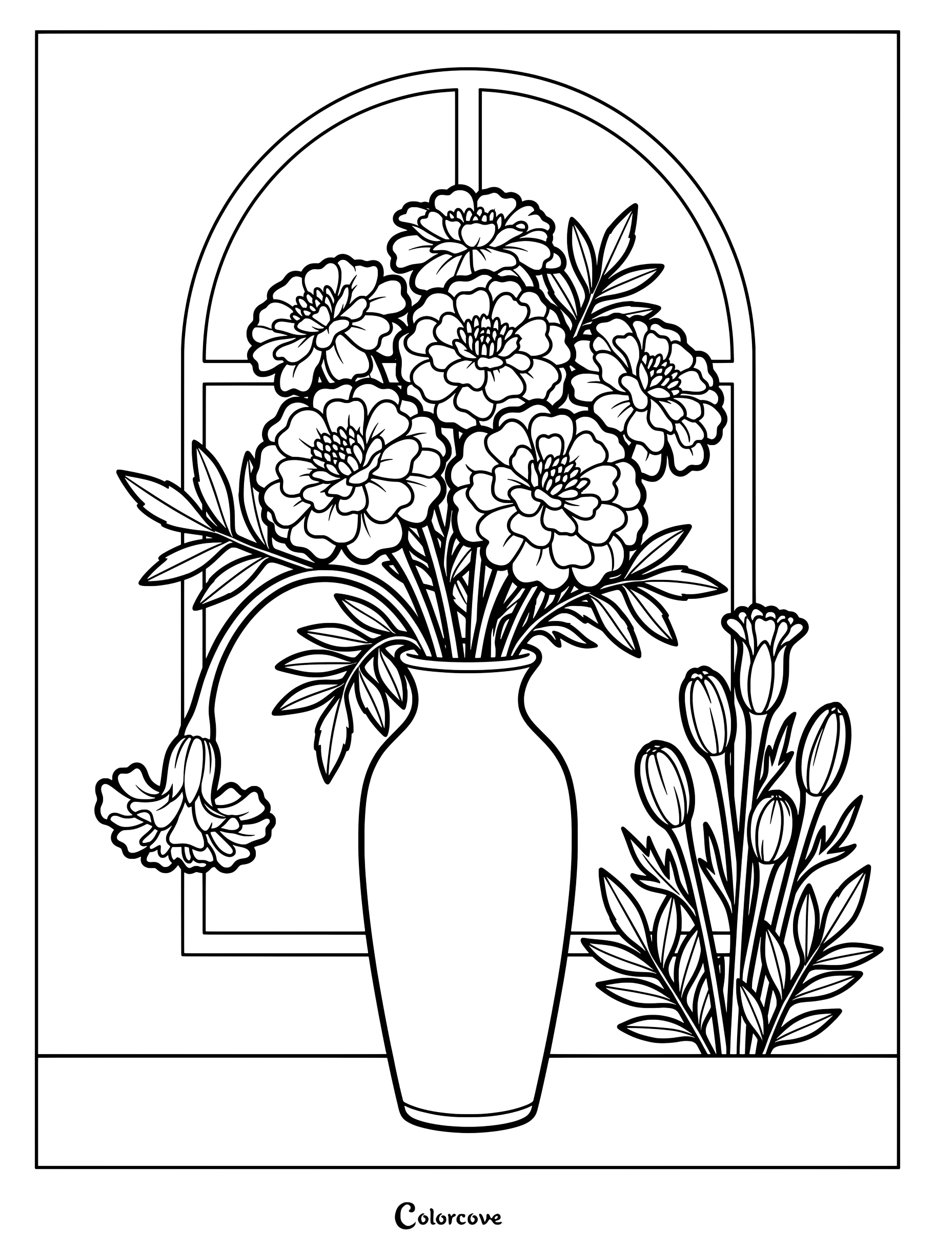 Coloriage d'un bouquet de souci dans un vase présentant des fleurs épanouies devant une fenêtre.