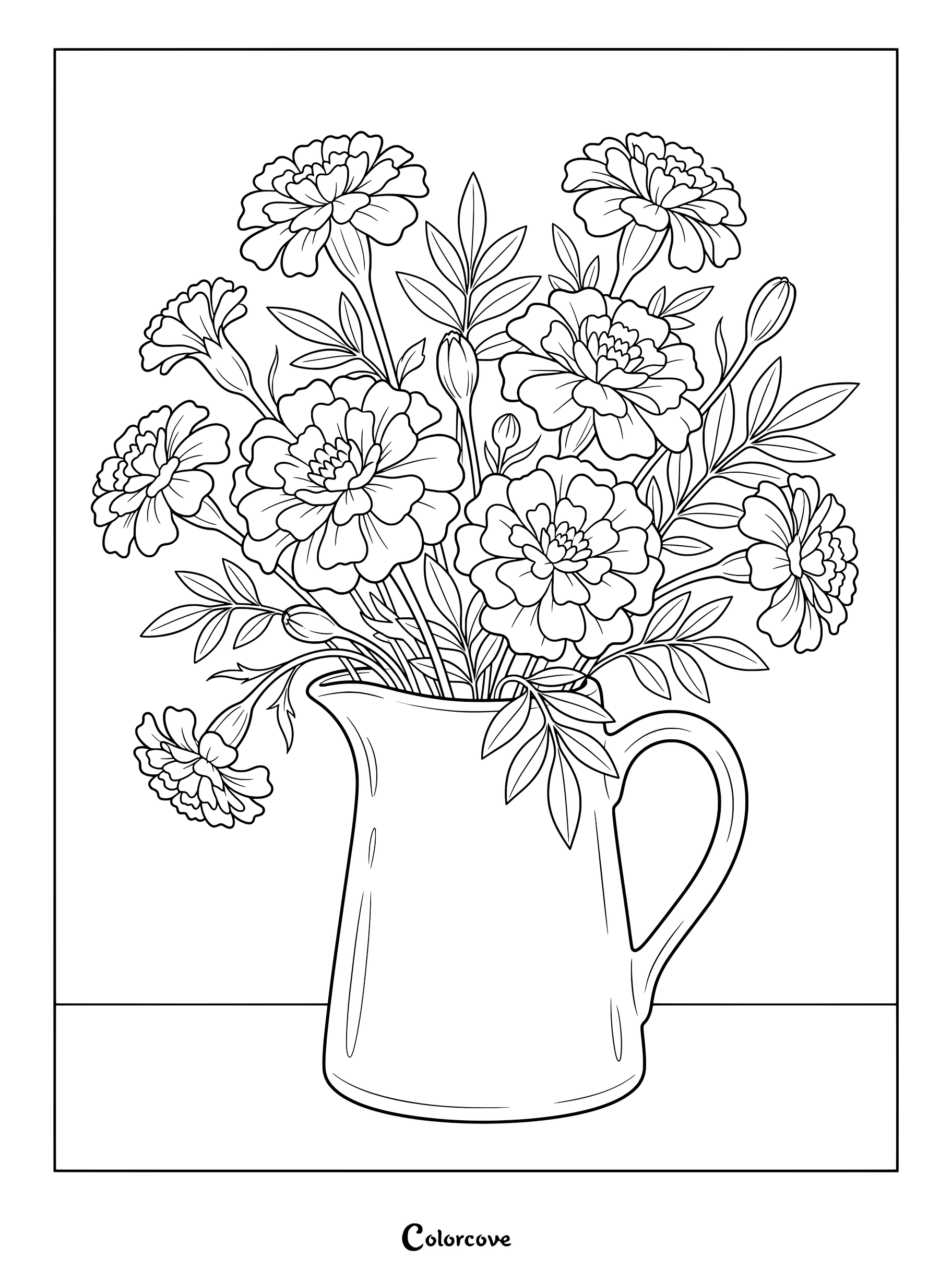 Coloriage de souci présentant un bouquet de fleurs disposé dans un pichet en céramique.