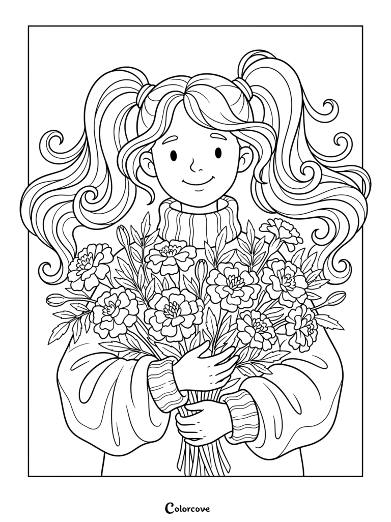 Marigold coloring page featuring a smiling girl with pigtails holding a large bouquet.