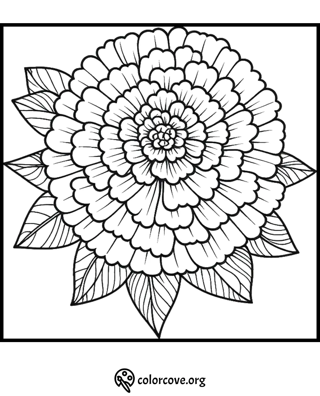 Detailed flower coloring page featuring layered petals and leaves for mindfulness and relaxation.