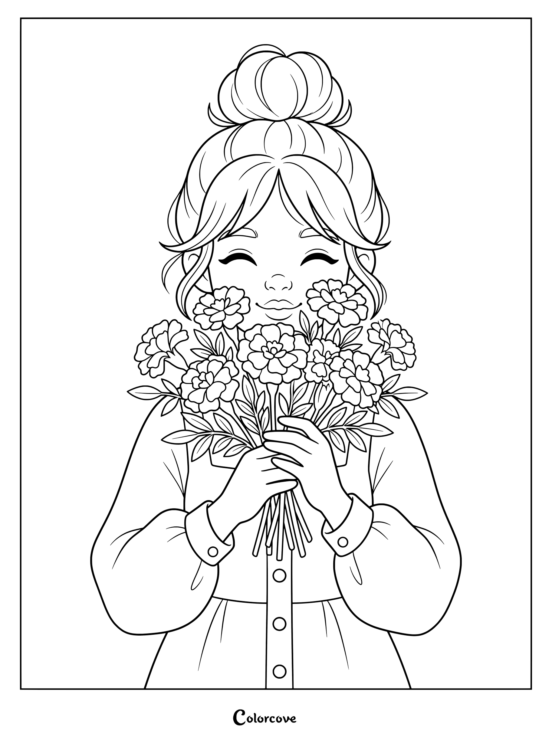 Coloriage imprimable de souci représentant une fille souriante tenant des fleurs.