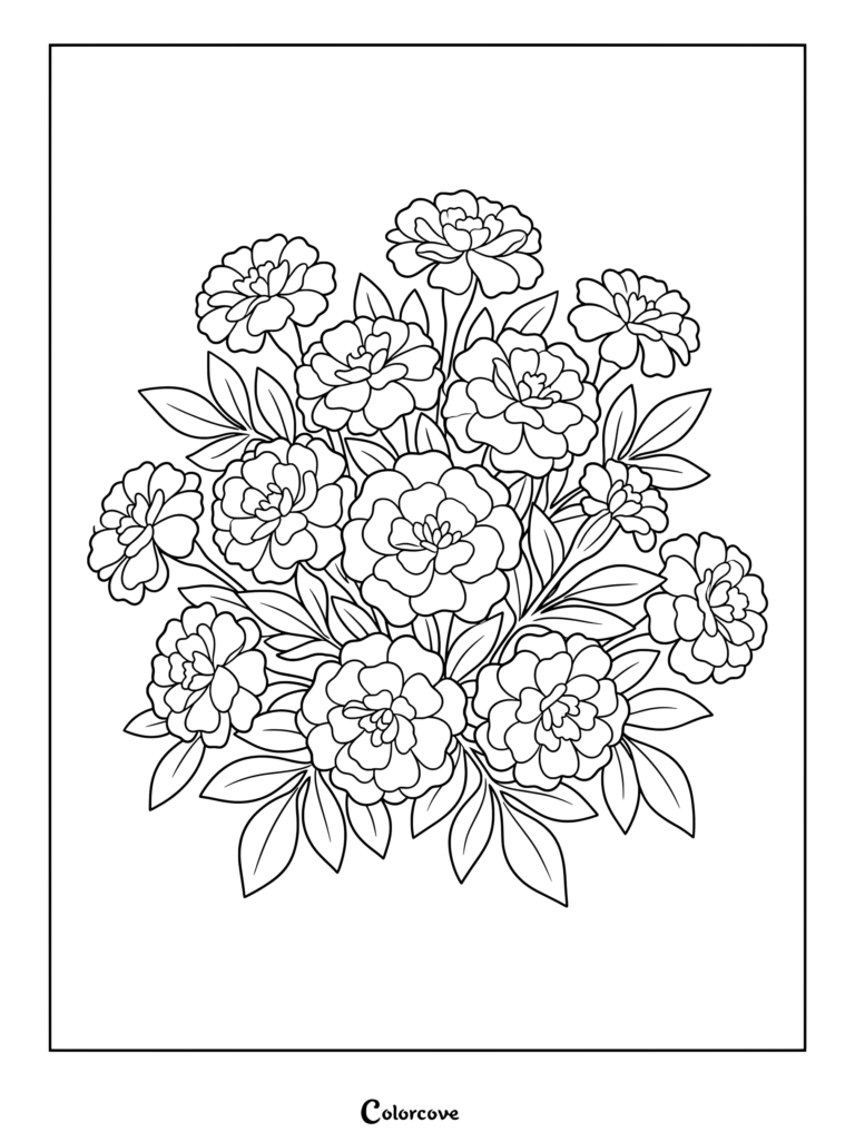 A detailed marigold coloring page featuring a lush cluster of ruffled blooms and pointed leaves.