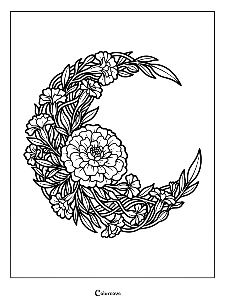 Intricate crescent moon shaped floral wreath featuring a large marigold center and decorative leaves in this printable marigold coloring page.