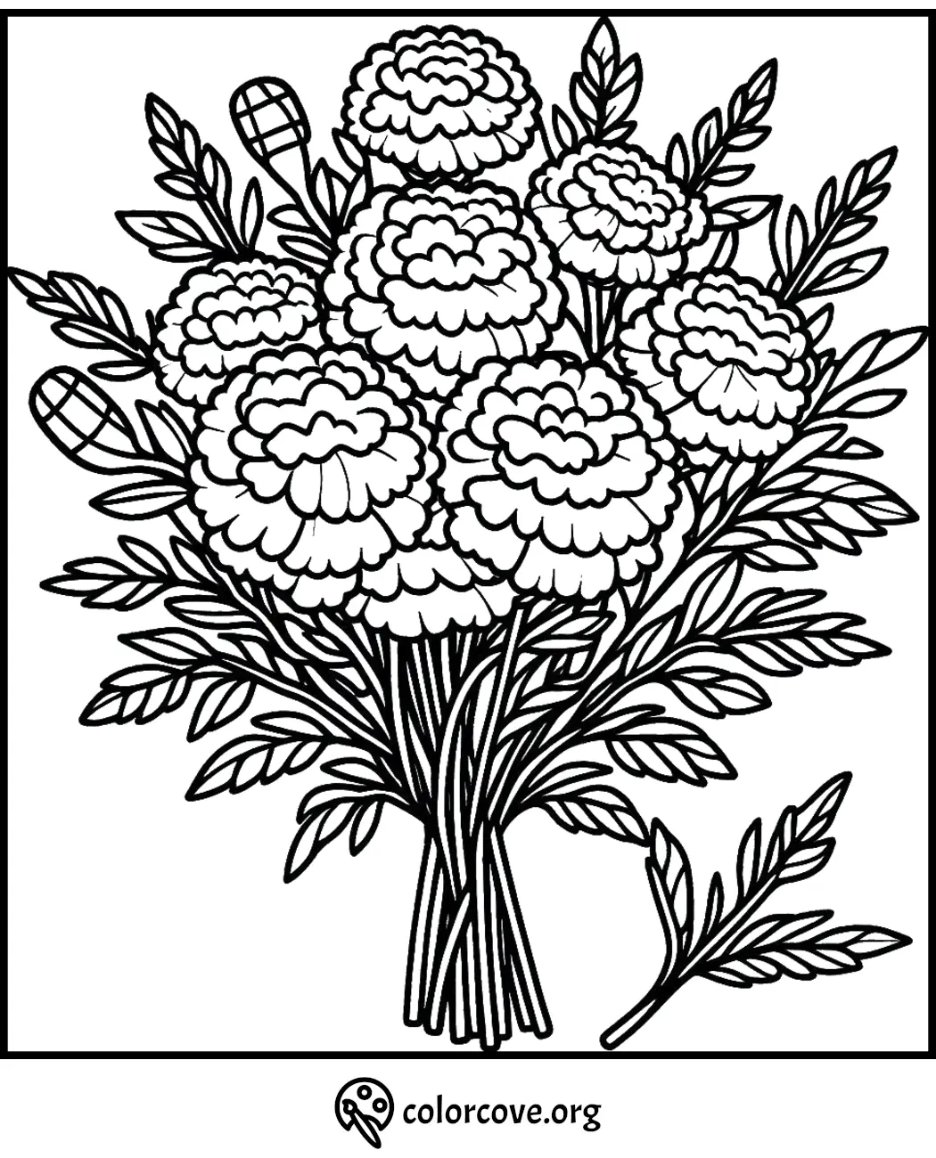 Floral coloring page featuring intricately detailed blooming flowers and leaves for creative coloring fun.