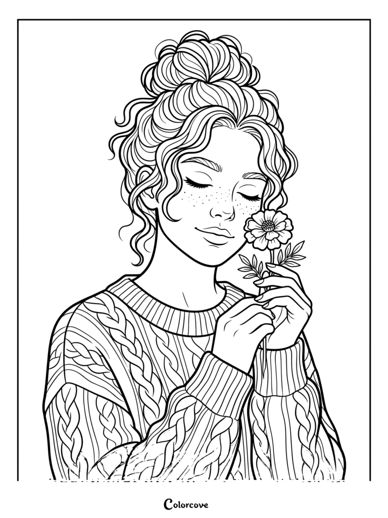 Detailed line art coloring page of a freckled woman in a cozy cable knit sweater gently smelling a Marigold.