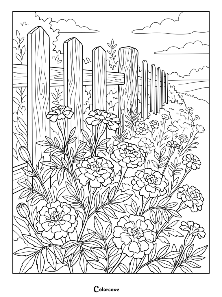 Marigold coloring page showing detailed flowers blooming along a wooden garden fence.