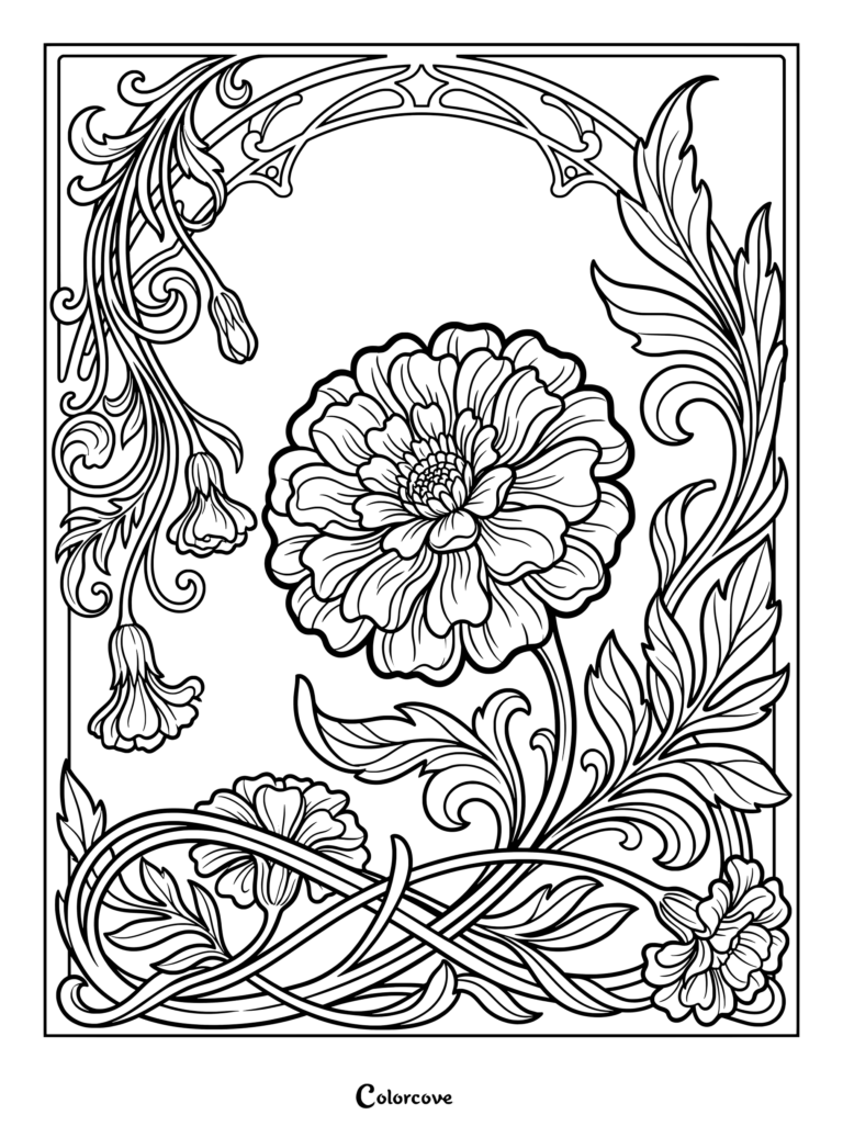 Detailed Art Nouveau coloring page featuring a central Marigold flower surrounded by ornate flowing stems and leaves.