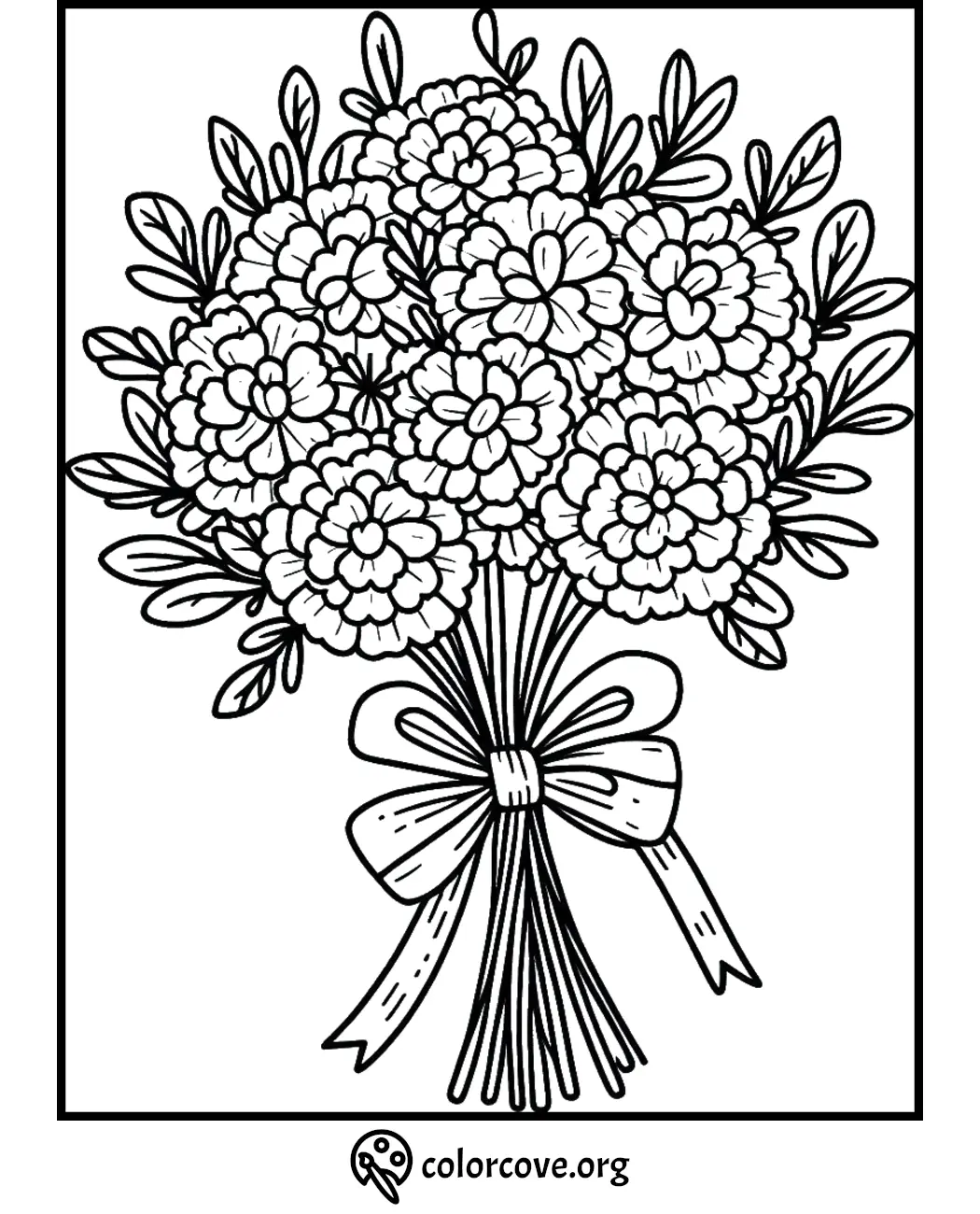 Floral bouquet coloring page with a ribbon, featuring intricate flower and leaf designs. Perfect for relaxation and creativity.