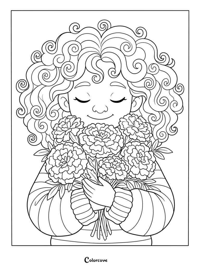 Girl with curly hair holding a bouquet of marigold flowers coloring page