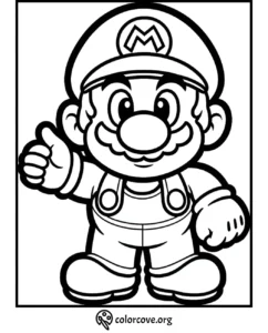 Mario coloring page for kids featuring a thumbs-up pose. Printable and fun activity for children. ColorCove.org.