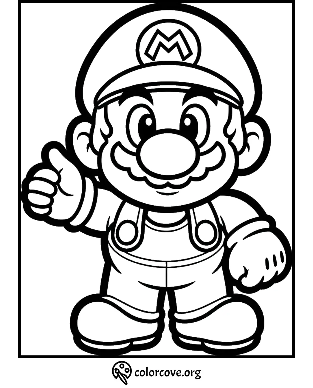 Mario coloring page for kids featuring a thumbs-up pose. Printable and fun activity for children. ColorCove.org.