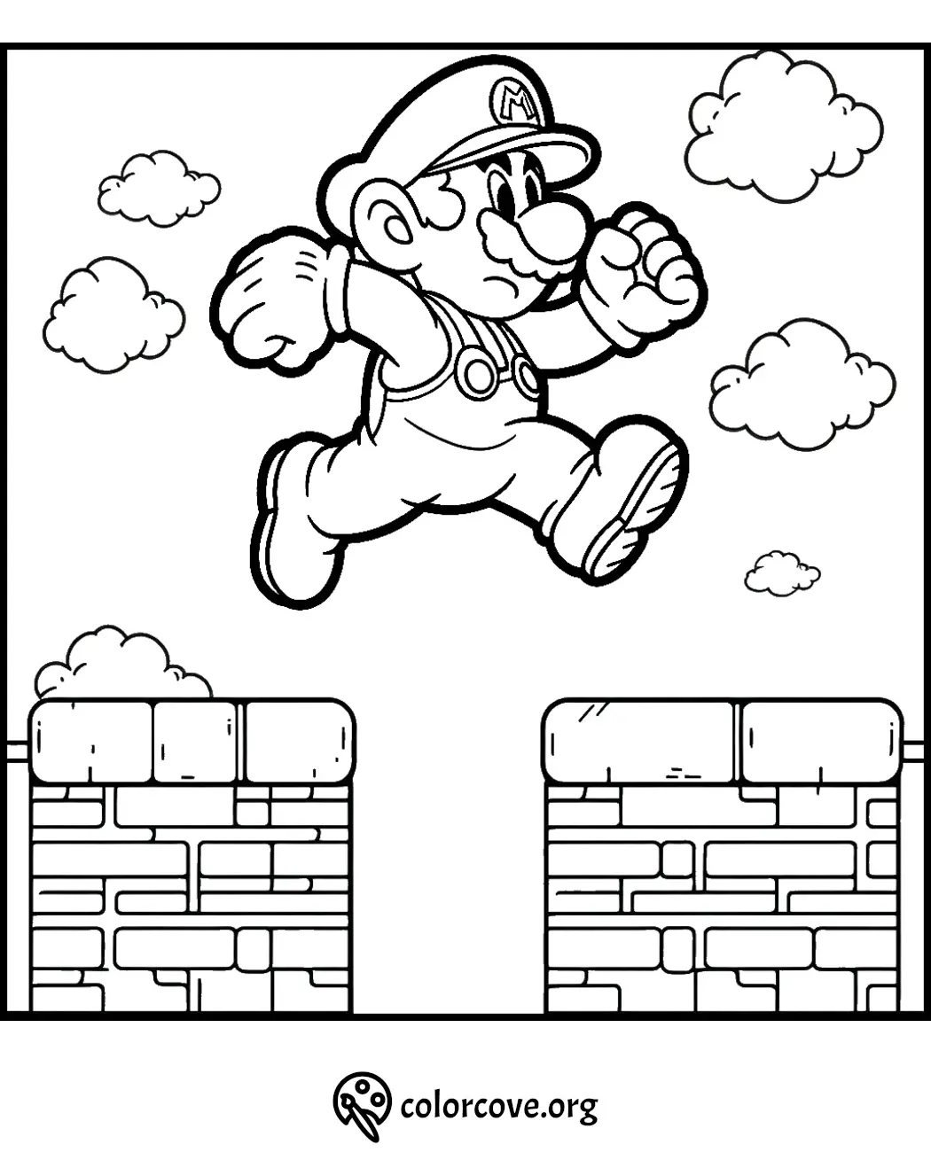 Coloring page of a jumping character in overalls, mustache, and hat. Visit colorcove.org for more coloring pages.