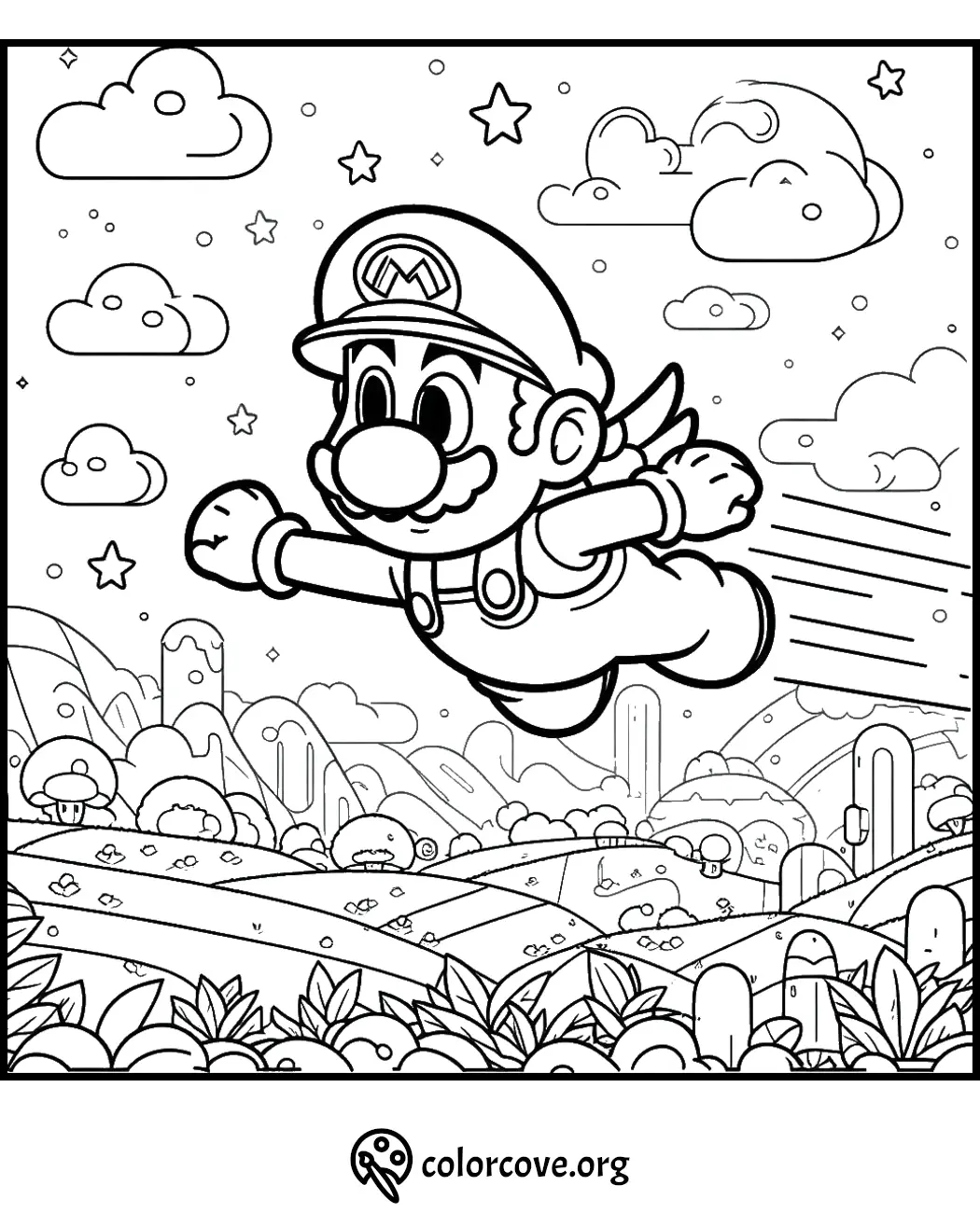 Winged Mario soaring over a whimsical landscape with stars, clouds, and hills in this fun coloring page.