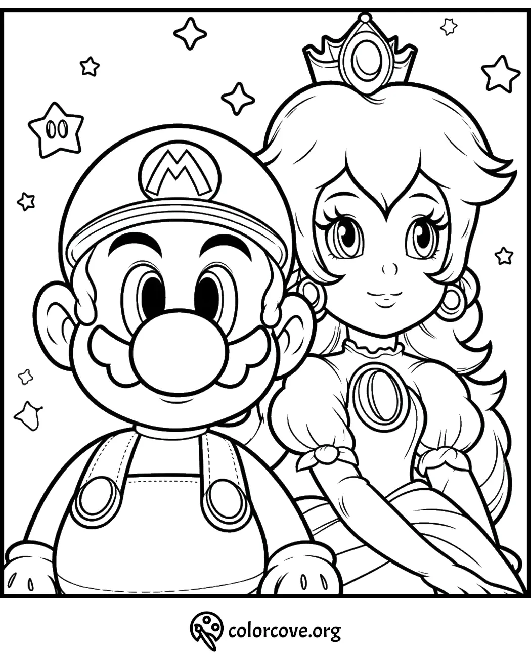 Coloring page featuring a famous video game plumber and a princess, with stars in the background from colorcove.org.