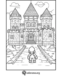 Coloring page of a character standing in front of a castle with three towers, a walkway, clouds, and hills. (colorcove.org)