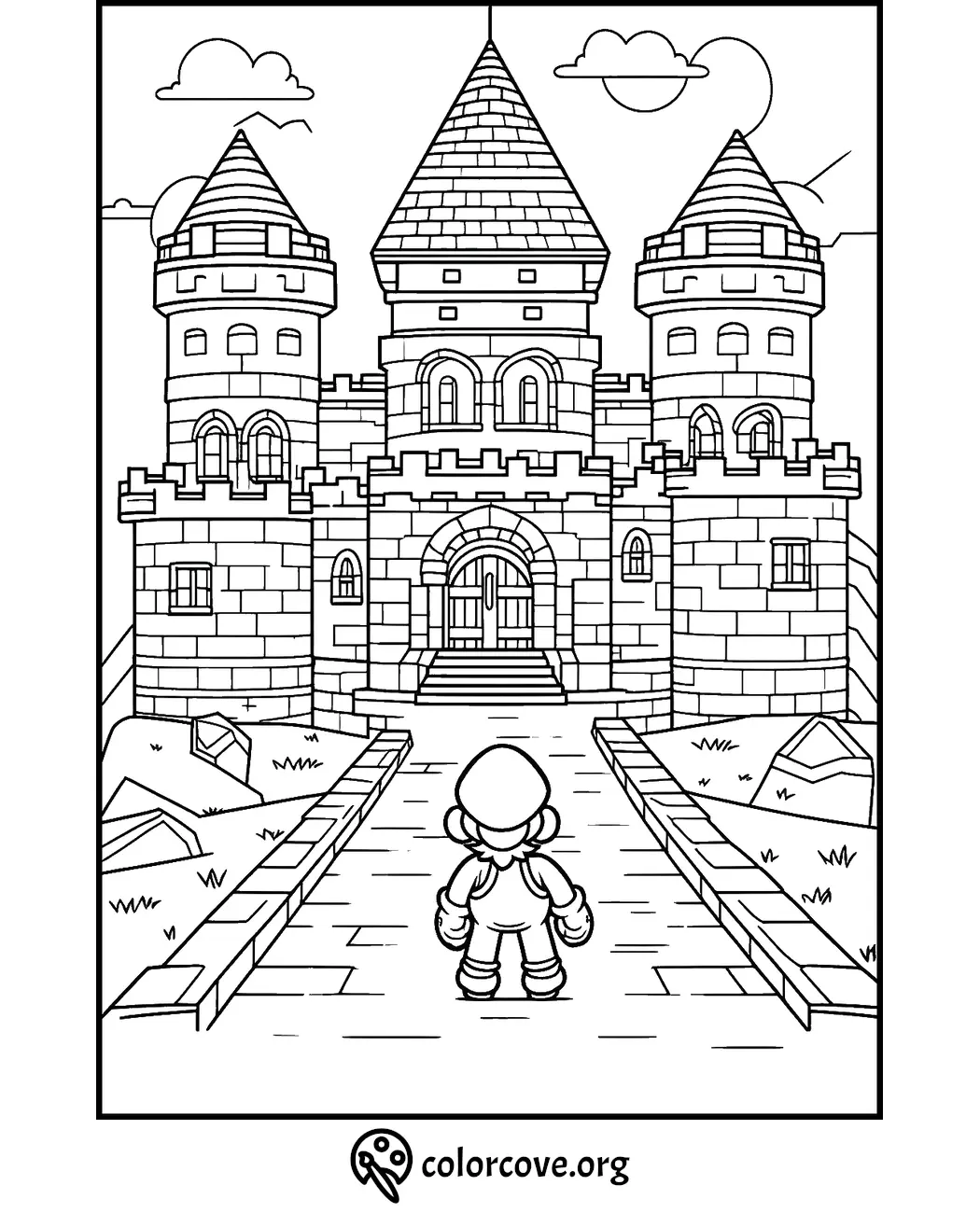 Coloring page of a character standing in front of a castle with three towers, a walkway, clouds, and hills. (colorcove.org)